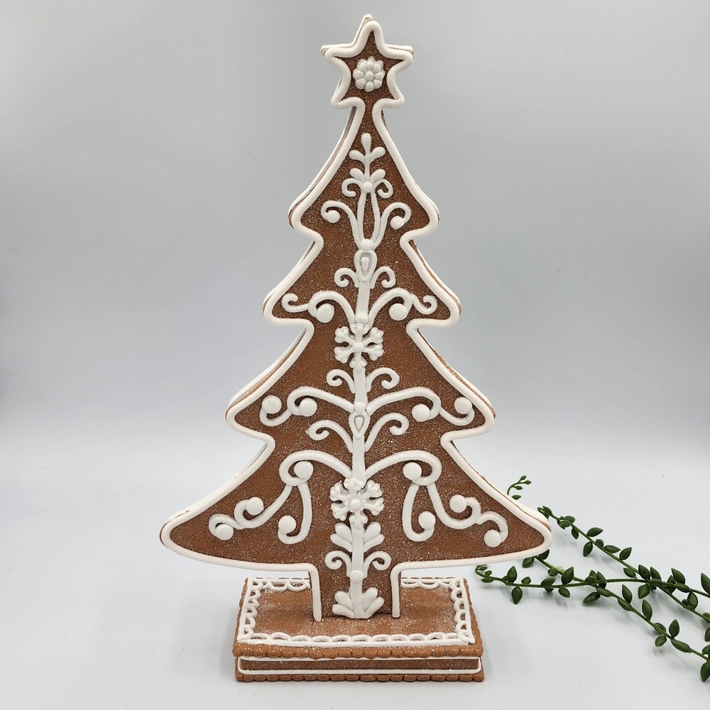 Gingerbread Cookie Christmas Tree Resin Tabletop Glitter Frosted Neutral 14" NEW